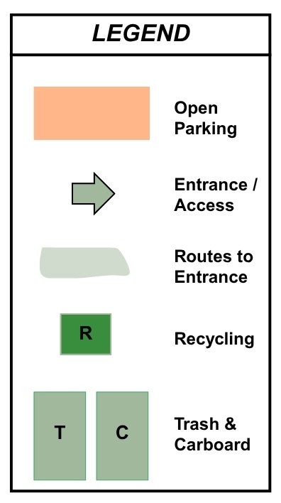 Map legend: open parking, entrance/access, routes to entrance, recycling, trash & cardboard