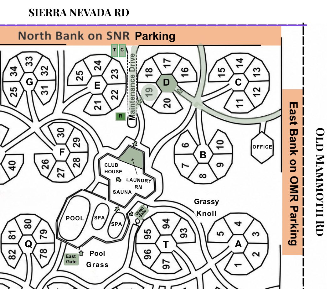 Sierra Park Villas property map showing the pool, spa, sauna, gates, and trash & recycling locations